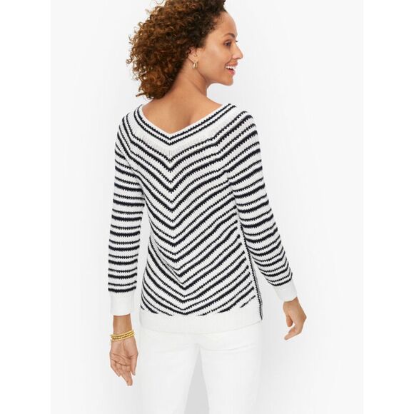 Talbots Chevron Stripe Double V-Neck white black V Neck cotton sz. M sweater - Picture 1 of 10